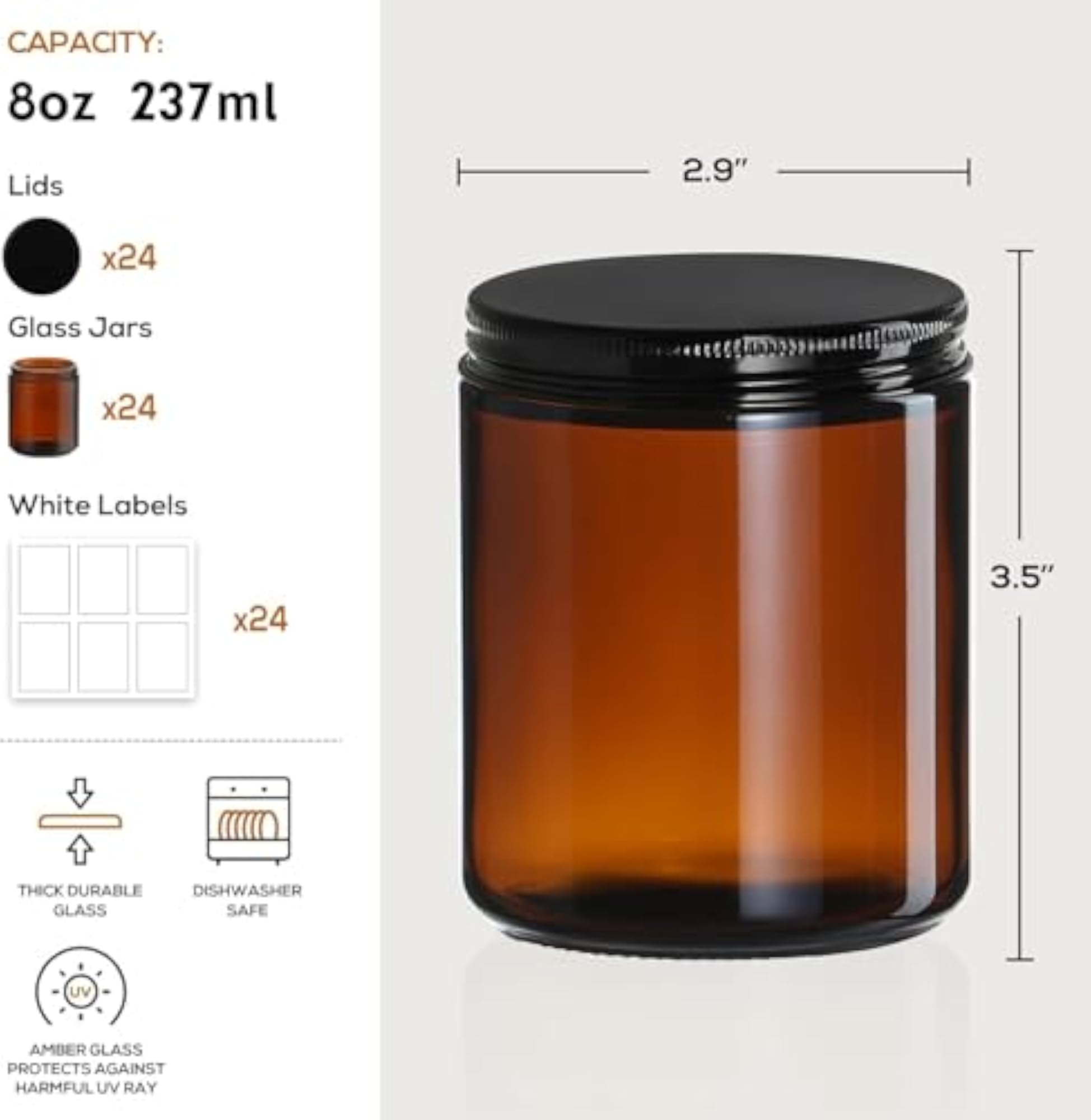 Premium Amber Glass Jars with Metal Cap, 200 ml Set